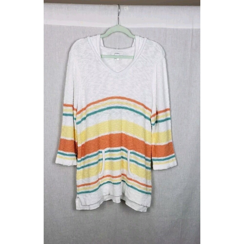 CJ Banks 1X Hoodie Tunic White Color Stripe Slub Knit 100% Cotton Pocket Coastal